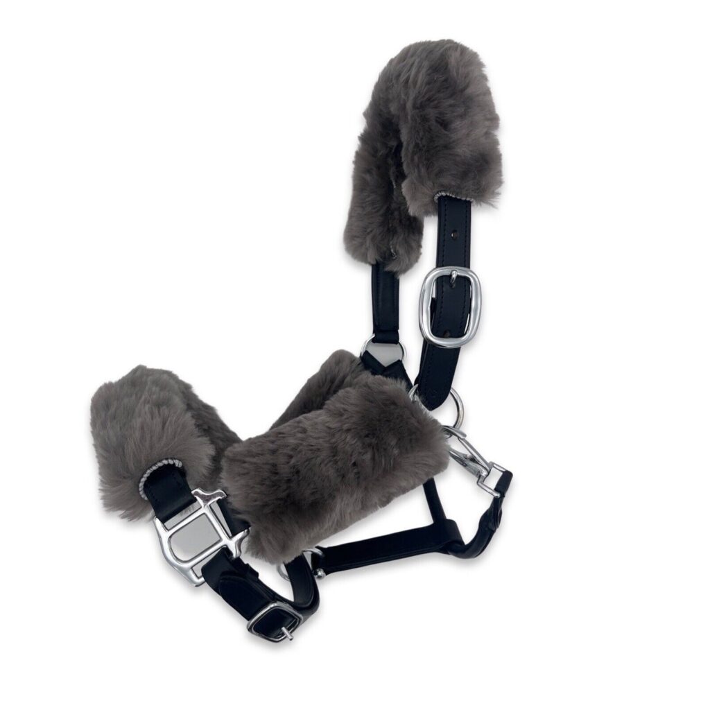 Sheepskin Headcollar 4 piece fluffy Set covers- Grey