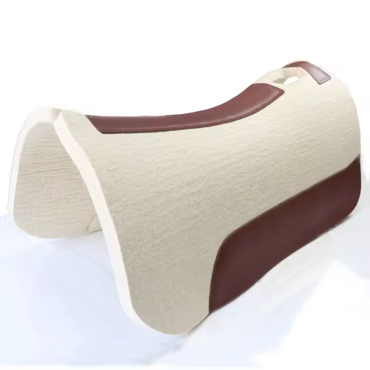 Cream wool felt western saddle pad with brown leather trim