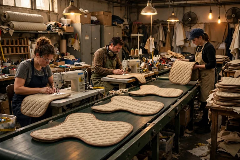 Workers stitching and quilting saddle pads on a production line in a factory
