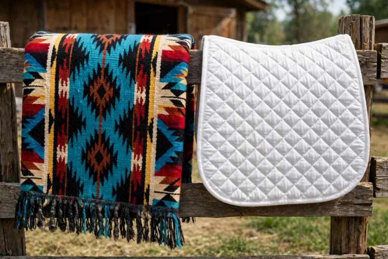 Western and English saddle pads shown side by side for comparison