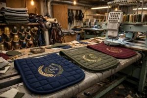 Custom embroidered saddle pads on a production line