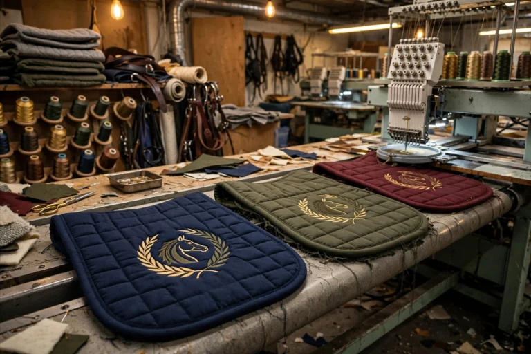 Custom embroidered saddle pads on a production line